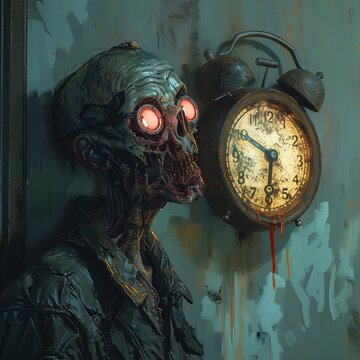 A weary undead creature gazing emptily at a timepiece hanging on the wall.