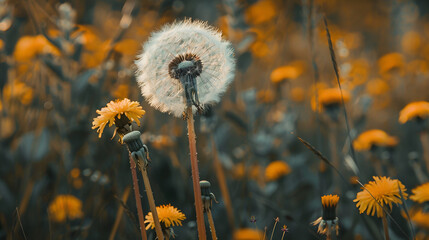 Dandelion seed head backlit by the setting sun, with a warm golden hour glow.