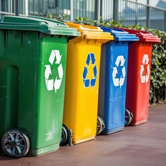recycling bins, garbage bins in different colors, recycling symbols