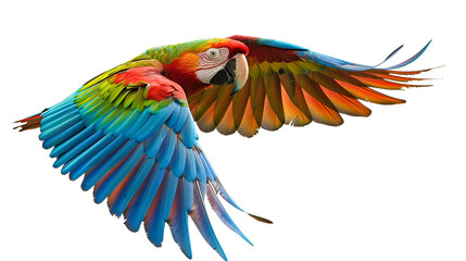 Colorful parrot flying through the air with its wings spread out and it's wings spread. 