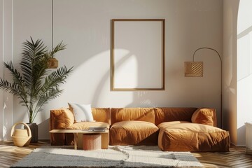 black Frame mockup, ISO A paper size. Living room wall poster mockup. Interior mockup with house background. Modern interior design. 3D render