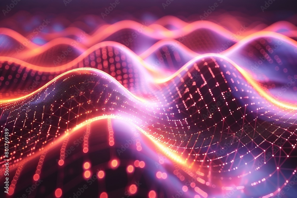 Poster futuristic technology background with abstract waving particles. illustration of a fractal grid info