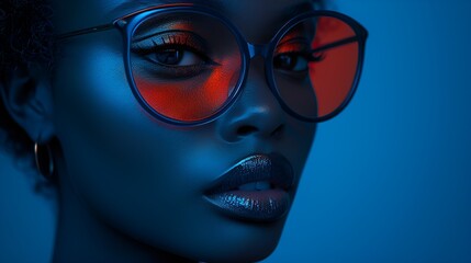 African-American model - diversity and inclusion - High-end marketing campaign - high-end fashion design - cutting edge ad campaign - blue background 