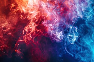 Color smoke abstract background. Cold hot. Ice fire flame. Defocused blue red contrast paint splash light glowing vapor floating cloud texture - generative ai