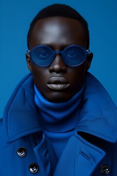 African-american male - blue outfit - hat - blue background - stylish composition - fashion shoot - style maker - trend setter 