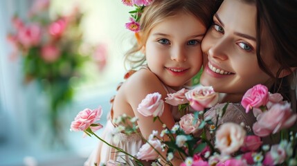 Fototapeta premium happy morher hugging her cute child mothers day