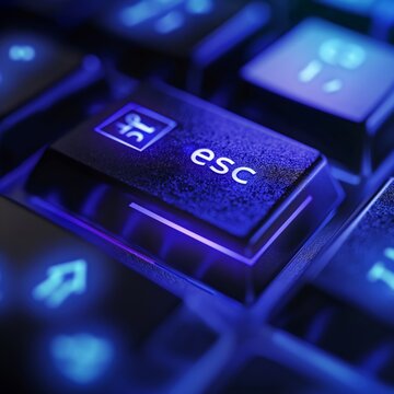 Close view of an illuminated escape key on a keyboard, symbolizing tech support, problem-solving, and quitting applications.