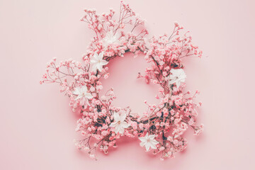 A pink flower wreath with white flowers