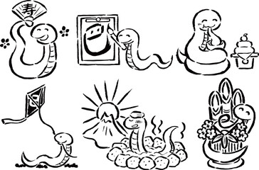 お正月を楽しむ巳（へび）　筆タッチ手描きイラスト線画セット