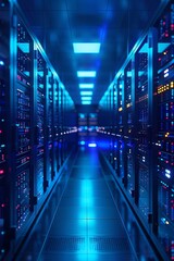 Fototapeta premium Data center background abstract, storage of databases in terminal, server room with hardware, system of racks for cloud computing, networking, and hosting.