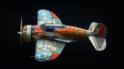 Fantasy vintage aeroplane with colorful metal mosaic pattern.