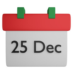 25 Dec on calendar clipart flat design icon isolated on transparent background, 3D render Christmas and New year concept