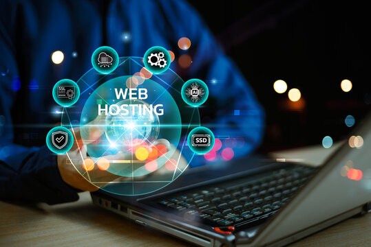 Web Hosting ai privacy platform service. Website provider support business icon. Ai technology storage space and access for domain web. Modern business technology, internet and Web Hosting concept.