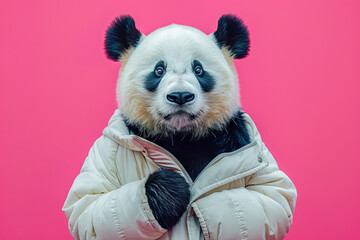 Panda Mascot in Stylish Winter Jacket on Vibrant Pink Background