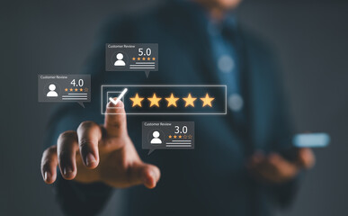 Businessman touch on popup five-star icon for feedback review satisfaction service, Customer...
