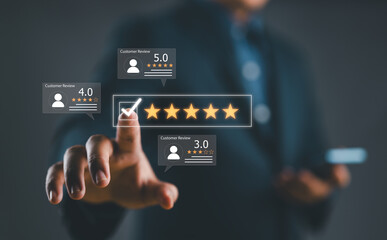 Businessman touch on popup five-star icon for feedback review satisfaction service, Customer service experience and business satisfaction survey. Good product and service, best quality