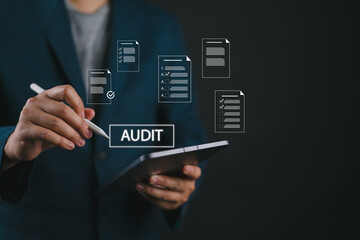 Businessman Audit online documents, quality assessment management With a checklist, business document evaluation process, market data report analysis and consulting, plan review process.