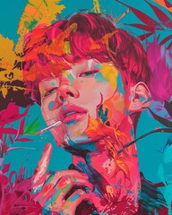 drawing of modern art fashion stylish portrait of young adult vibrant colour pop art style modern painting of iconic portrait of human face