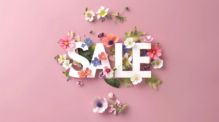 The word sale in bold white letters that are adorned with a variety of spring flowers and leaves, giving it a fresh and vibrant look in pink background. Shopping concept.