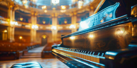 Elegant Grand Piano on a Concert Hall Stage with Luxurious Interior