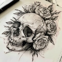 roses and a skull tattoo design