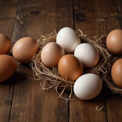 Farm Fresh Rustic Eggs on a Wooden Table