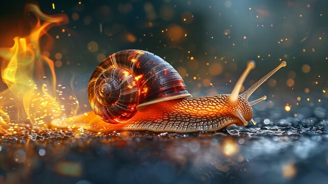 The energized snail raced against the odds, leaving a blazing trail behind.