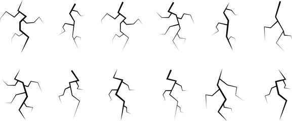 Set of Crack Shapes icons. Black lightning bolts. Hand drawn cracked glass, wall, ground. Thunder and lightning storm effects. Doodle break Vectors of natural phenomena on transparent background.