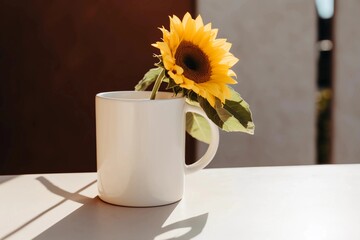 A white mug with a sunflower inside, sitting on the table in a minimalist style with a clean background and simple composition