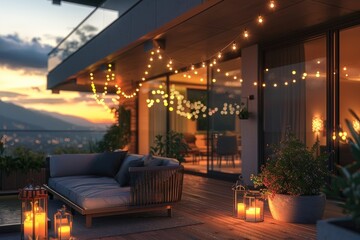 Enjoy a warm autumn evening on the luxurious roof terrace of a modern suburban home, with cozy string lights and elegant lanterns casting a soft glow over the patio. - Powered by Adobe