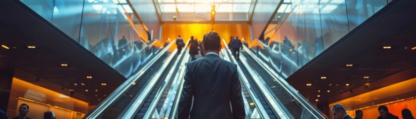 A gentleman in formal attire is ascending a moving staircase along with a crowd.