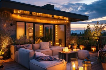 Enjoy a warm autumn evening on the luxurious roof terrace of a modern suburban home, with cozy string lights and elegant lanterns casting a soft glow over the patio.