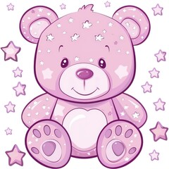 cute bear, pink heart and stars at white background