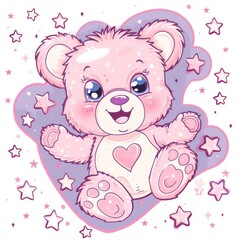 cute bear, pink heart and stars at white background