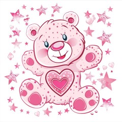 cute bear, pink heart and stars at white background