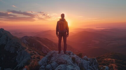 Fototapeta premium A lone hiker stands triumphantly atop a rugged mountain at twilight, relishing the beauty of his journey and the sense of liberation, gazing at the setting sun on the distant horizon.