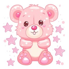 cute bear, pink heart and stars at white background