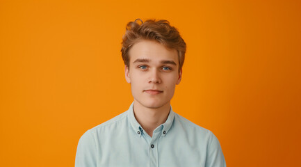 young man as a virtual assistant, medium shot, looking at the camera. in the style of orange, joyful and optimistic, vibrant portraits, minimalist flat backgrounds, photo-realistic hyperbole