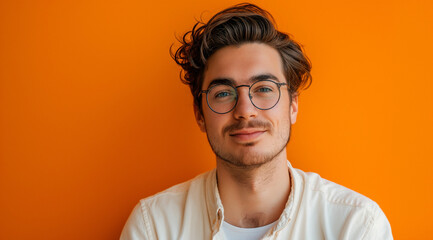 young man as a virtual assistant, medium shot, looking at the camera. in the style of orange, joyful and optimistic, vibrant portraits, minimalist flat backgrounds, photo-realistic hyperbole