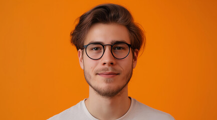 young man as a virtual assistant, medium shot, looking at the camera. in the style of orange, joyful and optimistic, vibrant portraits, minimalist flat backgrounds, photo-realistic hyperbole