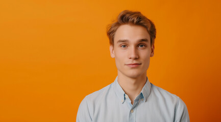 young man as a virtual assistant, medium shot, looking at the camera. in the style of orange, joyful and optimistic, vibrant portraits, minimalist flat backgrounds, photo-realistic hyperbole