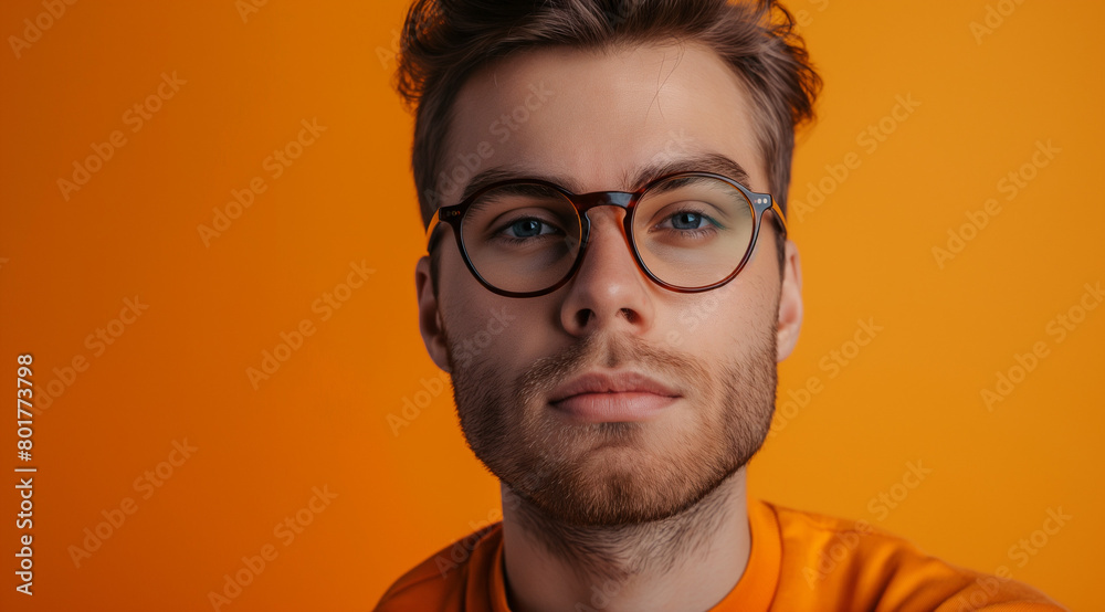 Wall mural young man as a virtual assistant, medium shot, looking at the camera. in the style of orange, joyful