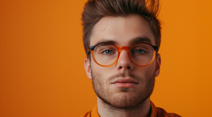 young man as a virtual assistant, medium shot, looking at the camera. in the style of orange, joyful and optimistic, vibrant portraits, minimalist flat backgrounds, photo-realistic hyperbole