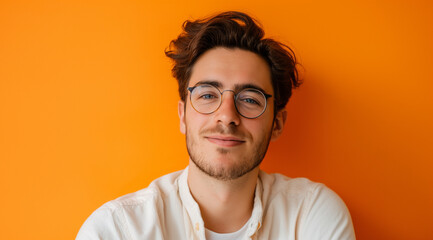 young man as a virtual assistant, medium shot, looking at the camera. in the style of orange, joyful and optimistic, vibrant portraits, minimalist flat backgrounds, photo-realistic hyperbole