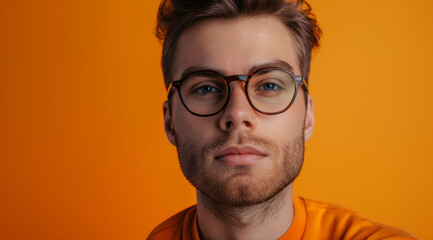 young man as a virtual assistant, medium shot, looking at the camera. in the style of orange, joyful and optimistic, vibrant portraits, minimalist flat backgrounds, photo-realistic hyperbole