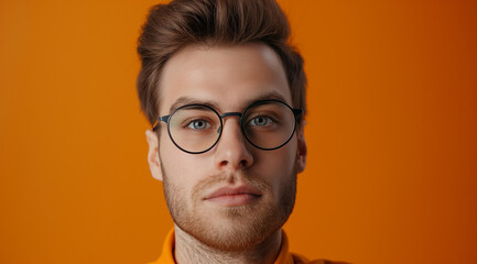 young man as a virtual assistant, medium shot, looking at the camera. in the style of orange, joyful and optimistic, vibrant portraits, minimalist flat backgrounds, photo-realistic hyperbole