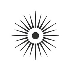 Minimalist dystopian company logo of a circle with several lines protruding from the centre, white background. generative AI
