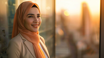 Successful middle eastern businesswoman standing in big city modern skyscrapers dreaming on new opportunities
