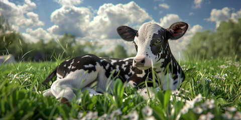 A black and white calf sitting on the ground in a green pasture