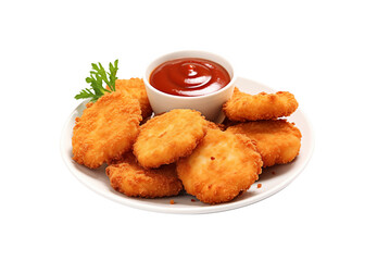 A plate of chicken nuggets with a side of dipping sauce, presented neatly, isolated on a transparent background. Generative AI